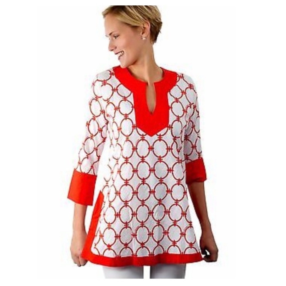 Gretchen Scott Designs Red White Geometric Link Tunic‎ Top Split Neck Large